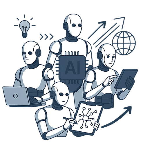 Ilustração abstrata representando conhecimento e inovação, com elementos de código, IA e colaboração de equipe.